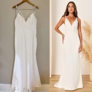 Precious Promise White Satin Embroidered Lace Mermaid Maxi Dress